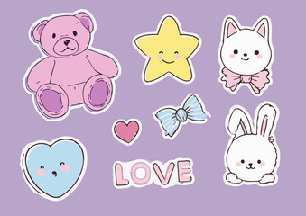 Cute vector illustration in kawaii cartoon style: smiling stars, animal faces, cherries, hearts, all outlined in white. Soft pastel colors: purple, pink, yellow dominate the palette.