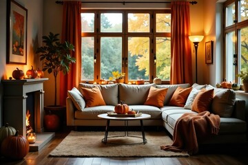 Cozy living room with autumnal decorations, warm lighting, pumpkins, and blankets , living room, decoration