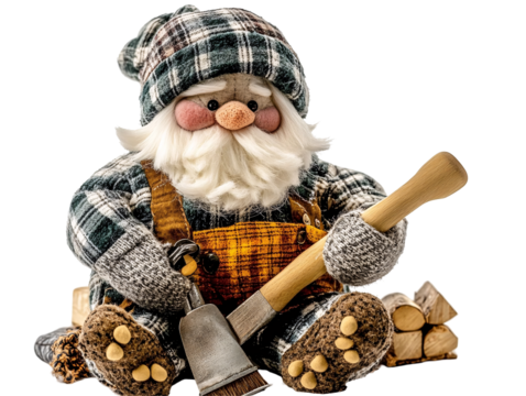 a stuffed toy gnome holding an axe