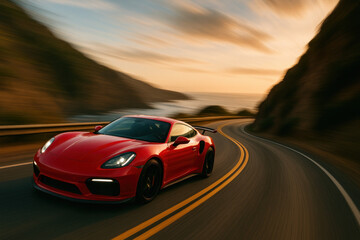 Red sports car speeding down road.