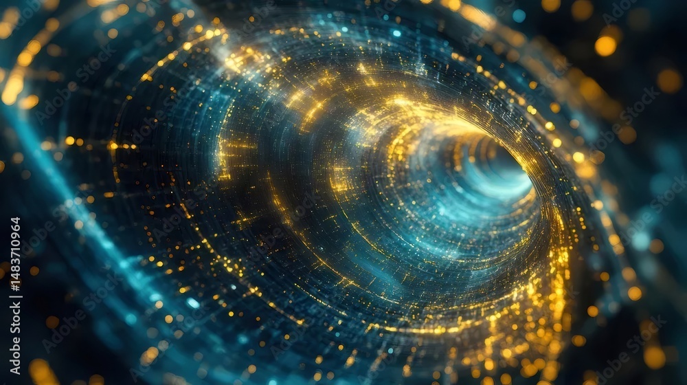 Poster 青と金のデジタル粒子で抽象的な幾何学的トンネルの3dレンダリングの未来的な視点