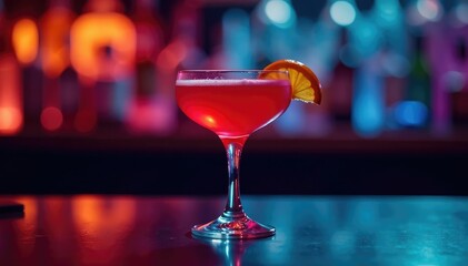 Dimly lit setting, colorful cocktail in coupe glass, shadow, fruit