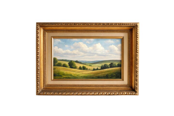 PNG Classic framed landscape artwork depicting rolling hills and clouds in antique wooden frame