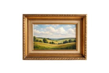 PNG Classic framed landscape artwork depicting rolling hills and clouds in antique wooden frame
