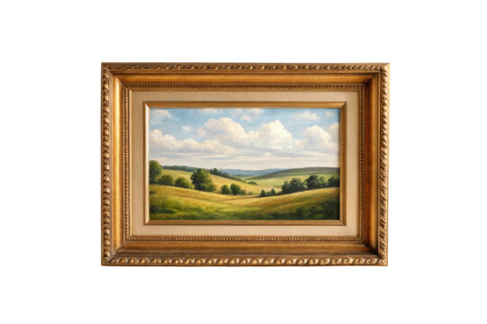 PNG Classic framed landscape artwork depicting rolling hills and clouds in antique wooden frame