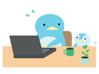 リモートワークをする子育て中のペンギン　主線なし