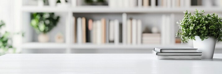 Bookshelf Elegance: A Three-Dimensional Display of Books and Decor Plants on a White Tabletop with a Blurred Apartment Background