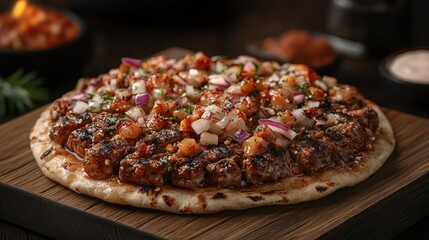 Grilled meat flatbread topped with savory mix