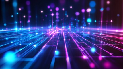 Obraz premium Dynamic data flow visualization cyberspace digital art futuristic environment aerial perspective vibrant blue and purple lights