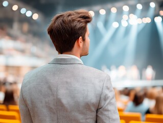 Young man in a stylish gray suit stands in an auditorium, facing a stage with bright lights, observing a performance, capturing the essence of anticipation and engagement