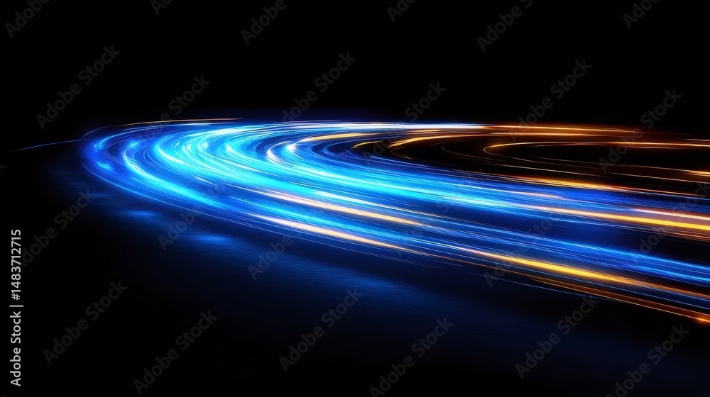 Poster 黒い背景に青とオレンジの光の抽象的な軌跡 夜の高速道路での光の動き 高速と技術の概念を示す高速でぼやけた光線