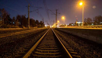 Fototapeta premium train tracks vanishing point at night illuminated by city lights