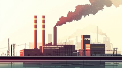 Obraz premium Industrial scene of smoke billowing from factory chimneys.
