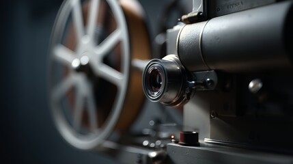 Naklejka premium A vintage film projector lens captures nostalgia, bathed in soft light, ready to bring stories to life on the big screen.