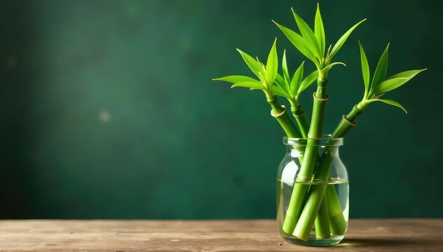 Lucky bamboo stalks in a glass vase, vibrant green leaves , good luck, interior, spring
