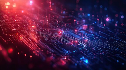 Obraz premium A vibrant motherboard illuminated with red and blue lights creating a futuristic technology landscape view