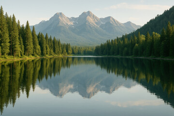 Fototapeta premium Trees reflected on a serene lake with distant mountains.