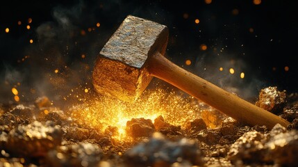 Golden hammer strikes gold ore
