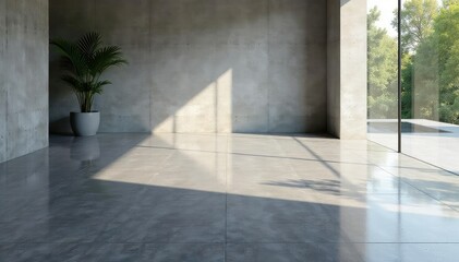 Polished concrete floor reflecting light, showcasing its smooth texture and subtle variations , durable, monotone, pattern