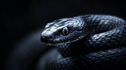 Fototapeta premium Graceful coiling of a snake's head close-up photography dark environment captivating scales
