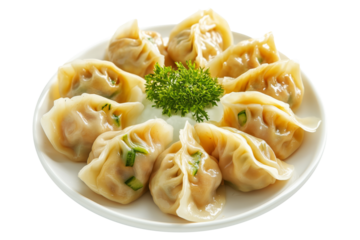 Steamed mandu dumplings placed in circular pattern on ceramic plate, isolated on white transparent background, concept of Asian cuisine