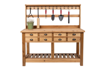 PNG Wooden gardening workbench with tools and plant pot