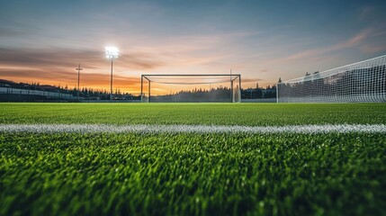 Evening soccer match field photograph soft light ground level soccer field under dusk glow