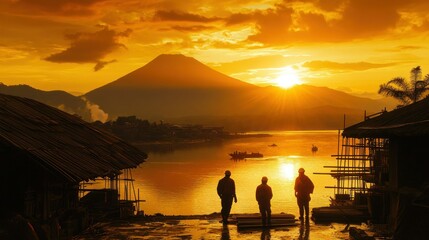 Golden Sunset over Volcanic Lake with Silhouetted Figures