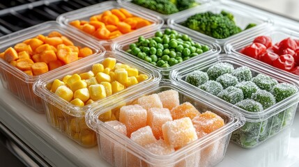 Frozen vegetable portions in clear plastic containers