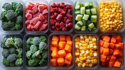 Frozen vegetable cubes in clear containers.  A variety of colorful, diced vegetables, including broccoli, beets, watermelon, carrots, cucumber, and corn, are ready for use in a meal preparation