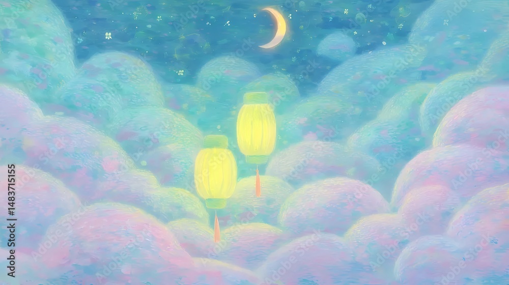 Poster ソフト パステル カラーの雲と輝くランタンが夜空に浮かぶファンタジー風景 ムーンライト ナイトにランタンの温かい光が輝く穏やかなイラスト