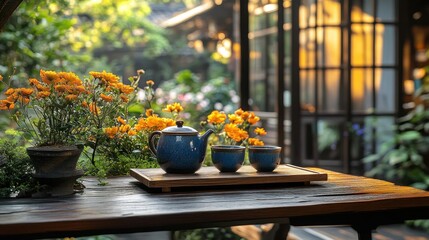Tranquil tea setting in a garden patio