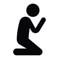 Christian prayer vector icon. Kneeling person in prayer pose symbolizing faith, worship, or spirituality. Black silhouette isolated on white background.