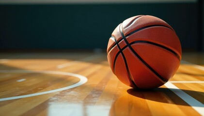 Fototapeta premium A leather basketball rolls off a wooden court , leather, arena