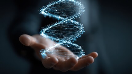 Hand holding a glowing dna double helix structure against a dark background.
