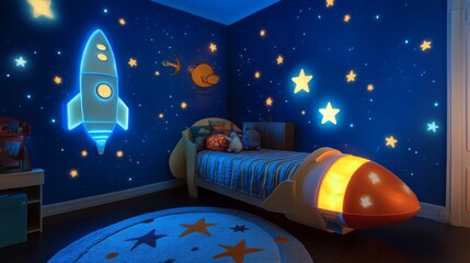 Creating a whimsical space-themed kids room with glowing star decals and rocket beds for a dreamy nighttime adventure