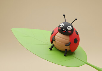 Cute Cartoon Ladybug Sitting on a Green Leaf with a Smiling Face and Red-Black Spotted Shell