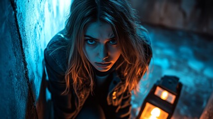 Obraz premium Dramatic image of woman in storm shelter with dim lighting
