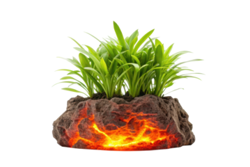 PNG Lush green plants growing on fiery lava rock background