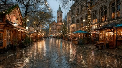 Naklejka premium Enchanting Evening at a Festive Market with Illuminated Stalls and Reflective Cobblestones