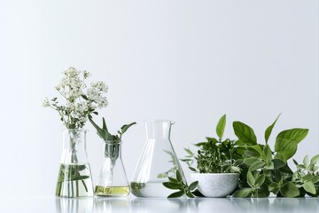 Botanical display with flowers and herbs in laboratory glassware for scientific studies, alternative medicine use cases