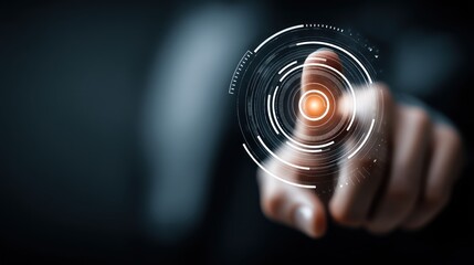 Finger touching a glowing digital interface with circular patterns and dark background.