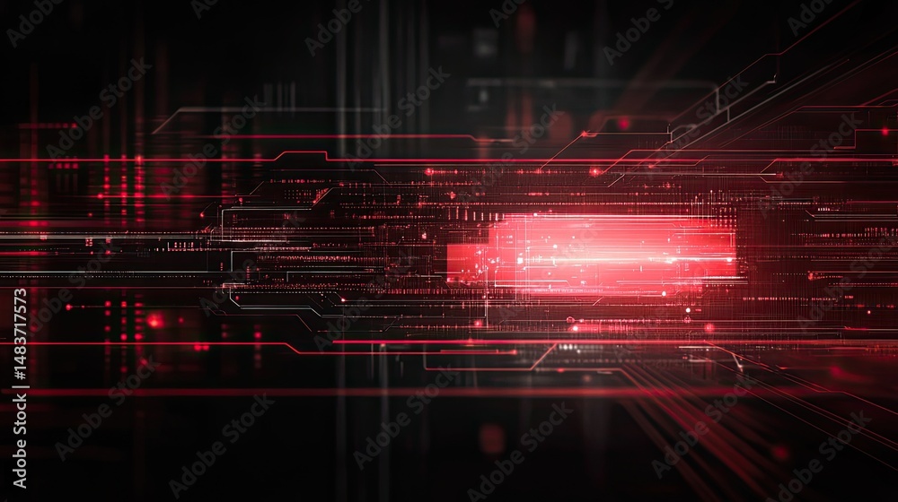 Wall mural abstract red light streaks and circuit board lines on a dark background creating a tech feel