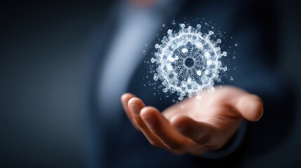 Person holding a digital representation of a virus in their open hand.