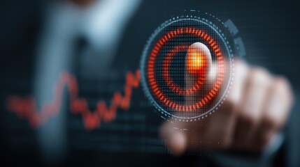 Finger presses a glowing red interface element with a declining graph in background.