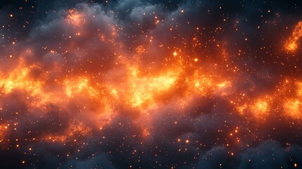 Fototapeta premium Intense fire explosion with glowing particles and thick smoke on dark background.