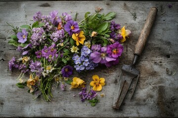 Fototapeta premium Floral arrangement with garden tool on wooden surface for decoration, gardening, and spring themes.