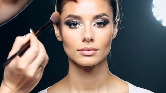 makeup artist applying bronzer to model's face with brush, gentle pan right to left in cool ambient light. subtle skin glow visible. concept of beauty and makeup artistry