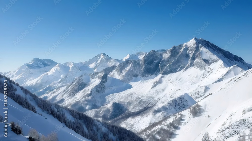 Poster 晴れた空の下の雪に覆われた山のパノラマビュー 冬の青い空と雪の山々の美しい風景 高山の斜面と白い稜線