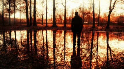 Fototapeta premium Solitary Figure in Autumnal Reflection